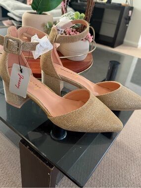 Gold Ankle-Strap Block Heel Pumps